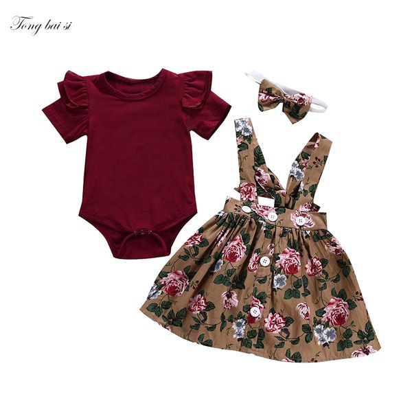 

newborn baby girls clothing set solid color short sleeve bodysuit+floral print skirts heaband outfits princess dress suits 0-24m, White