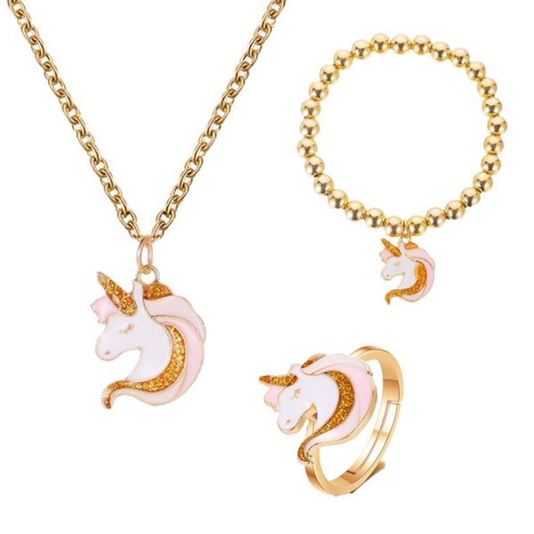 

3pcs/set necklace ring cartoon unicorn necklace earring jewelry pink girls gift jewelry jewelry bracelet and necklace set, Silver