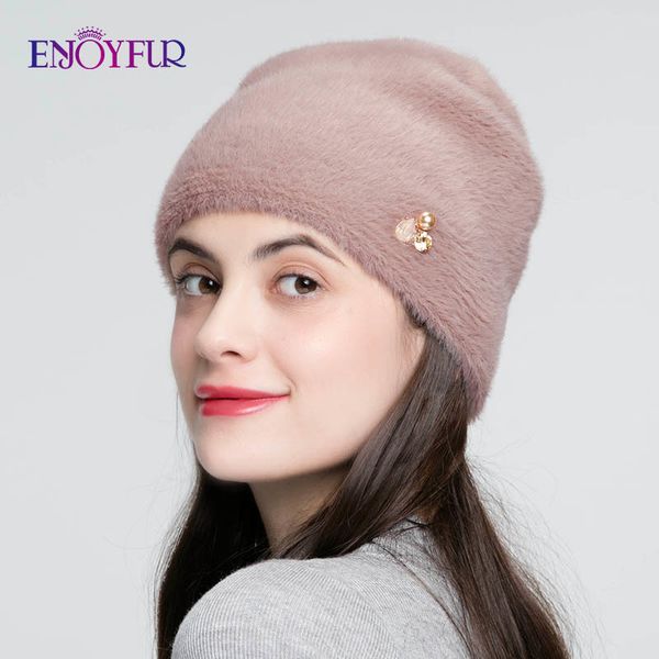

enjoyfur winter hats for women imitate wool thick bonnet for female solid colors rhinestone cap new skulls beanies y200619, Blue;gray