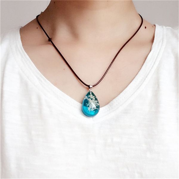 

original handmade natural gypsophila dried flowers noctiluca necklaces & pendants for women fashion blue transparent jewelry, Silver