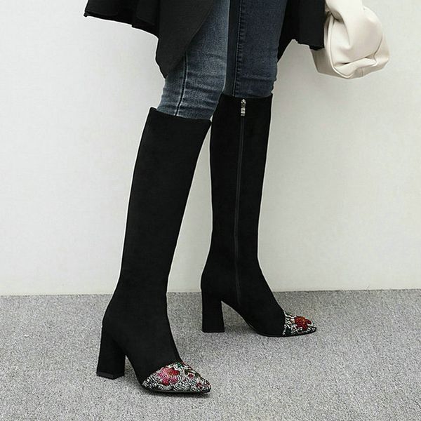 

faux suede women knee high boots fashion crystal pointed toe women boots square high heel size zipper ladies winter black