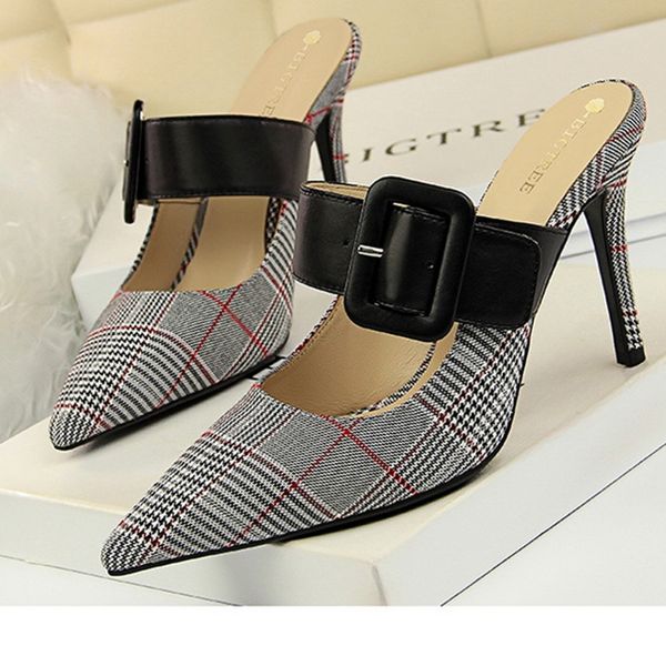 

европейский и американский стиль женская обувь баотоу drag на высоких каблуках мелкий рот остроконечные denim color matching слово тапочки с, Black