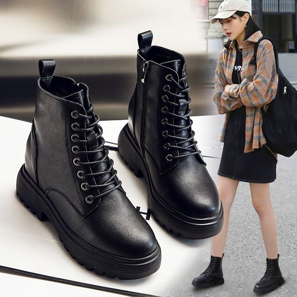 

sole with increased martin boots for women british style thick heel short boots for women high heel children, Black