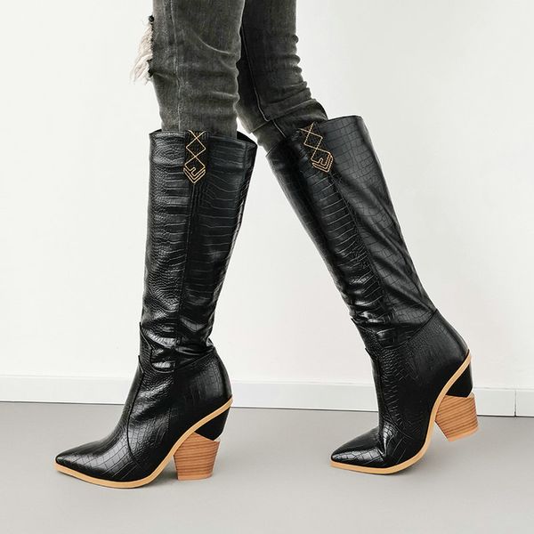 

2020 new fashion knee high boots women faux leather high heel autumn long boots pointed toe winter plush woman western, Black