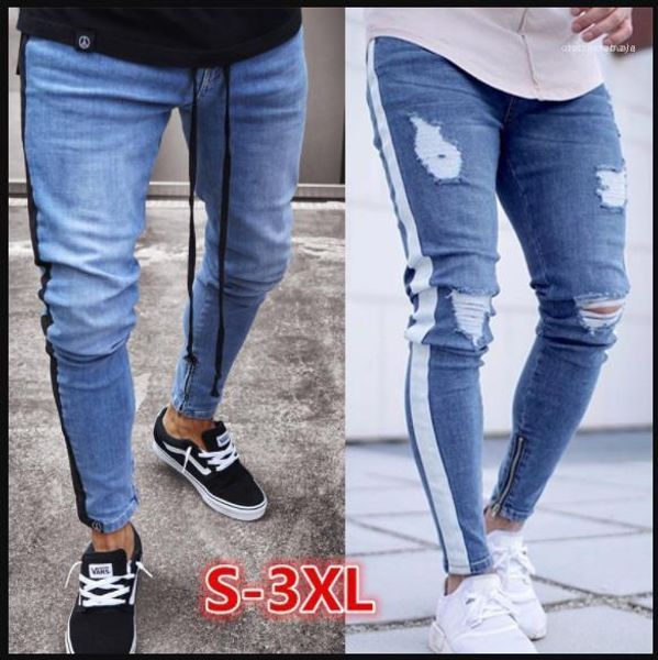 

драпированные street style slim fit карандаш брюки моды мужские брюки мужские дыры дизайнерские байкер джинсы рваные полосатый, Blue