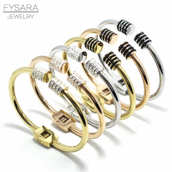 

bangle fysara cz full crystals stone bangles bracelets stainless steel screw round arrows cuff for women, Black