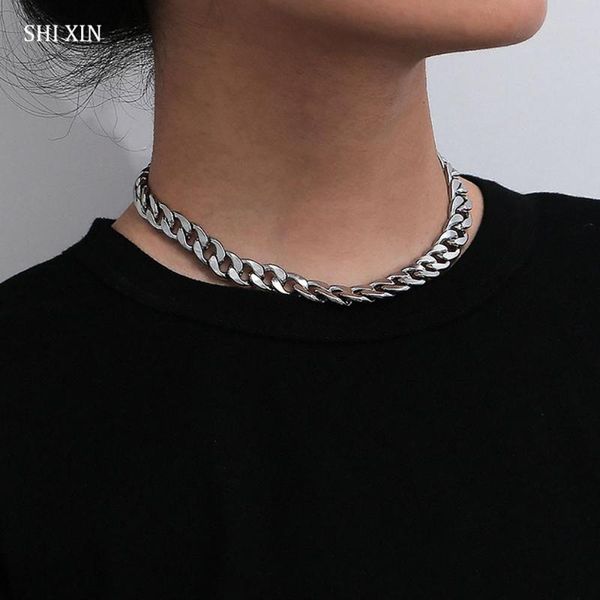 

shixin punk short stainless steel chain necklace for women/men chunky cuban link chain on the neck choker necklace hip hop colar, Silver