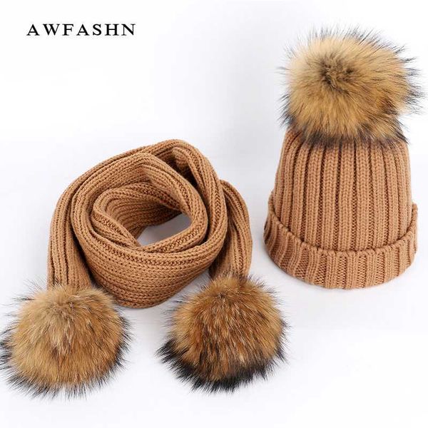 

beanie/skull caps 2021 fashion ladies raccoon fur pompom knit beanies hat scarf sets female soft cap scarves winter warm woman cotton bonnet, Blue;gray