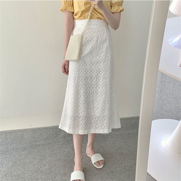 

embroidery summer long maxi skirts plus size hook flower high waist chic korean skirts long white women harajuku, Black