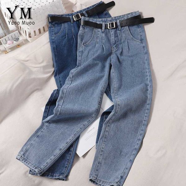 

yuoomuoo fashion all match jeans for women 2020 casual autumn women denim pants with belt high waist long blue jeans trousers