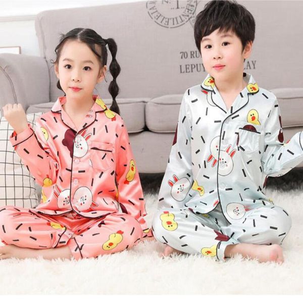 

2020 summer children girls boys pajamas kids home clothing set silk fabric pajamas nightwear cartoon long sleeve sleepwear girl, Blue;red