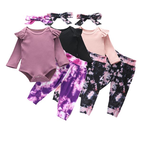 

clothing sets toddler baby girls tie dye clothes ribbed knit long sleeve romper floral dyeing pants 3pcs autumn winter outfits 0-24m, White