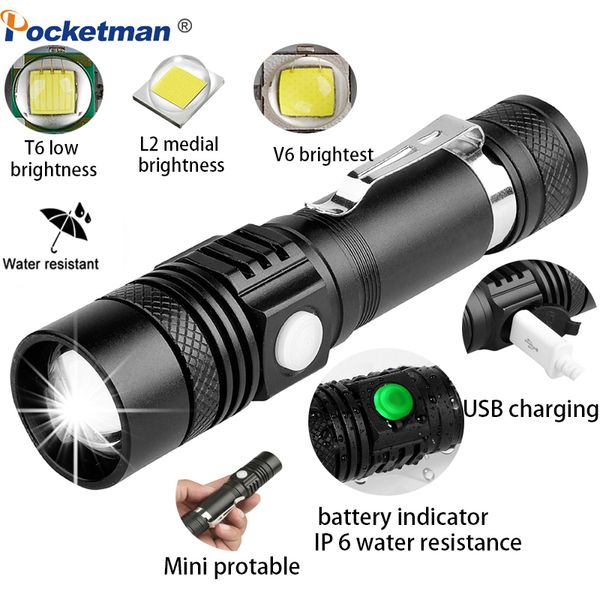 

flashlights torches powerful super brigh led with t6/l2/v6 lanterna power tips outdoor bicycle light use 18650 zoomable torch for hunt