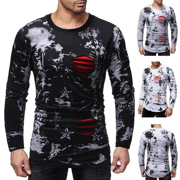 

neck hole design fashion casual mens clothing autumn mens designer tshirts star printed long sleeve crew, White;black