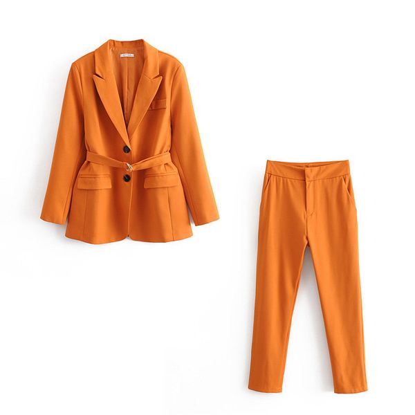 

women's two piece pants suit set 2021 autumn slim waistband yellow ladies small jacket casual trousers of, White
