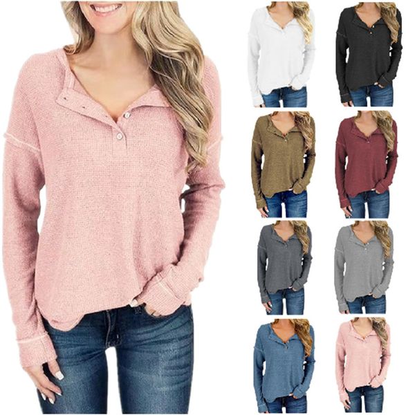 

2020 new autumn women's sweatshirts clothing china wholesale waffle long sleeve t-shirt women v-neck button women, Black