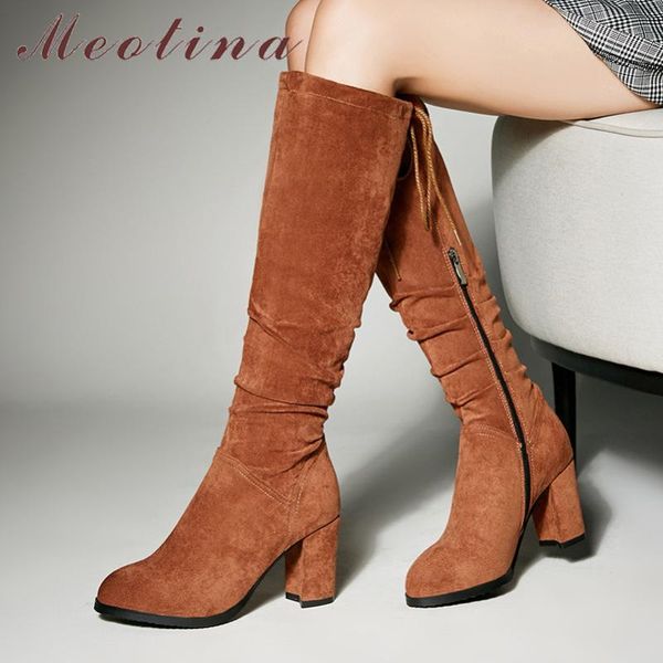 

meotina winter knee high boots women boots pleated thick high heels long zipper round toe shoes lady autumn big size 33-43, Black