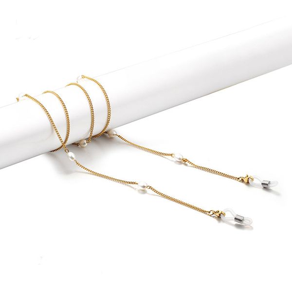 

1pc fashion metal stainless steel sunglasses chain neck cord holder eyeglass lanyard with natural pearl, Silver
