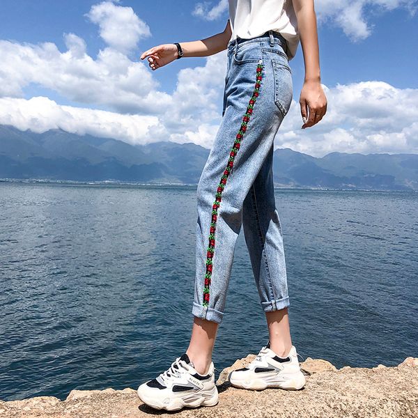 

women's casual jeans women floral embroidery harem pants women jeans high waist denim pants for female all matching loose, Blue