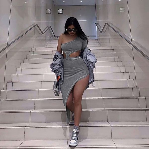 

summer 2020 fashion slim high waist skirt and one shoulder tee matching set street casual asymmetric skirt 2 piece set new, Gray