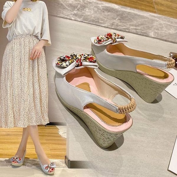

women's sandals wedges peep toe bowknot ladies print high heels slip on slingbacks shoes pu summer women fashion 2020 female new, Black