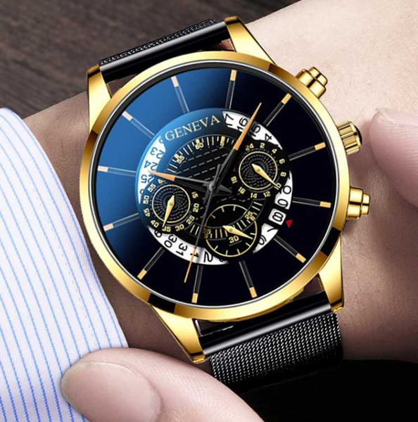 

trendy business men watches luxury calendar blue dial stainless steel mesh belt analog quartz wristwatch gift relogio masculino, Slivery;brown