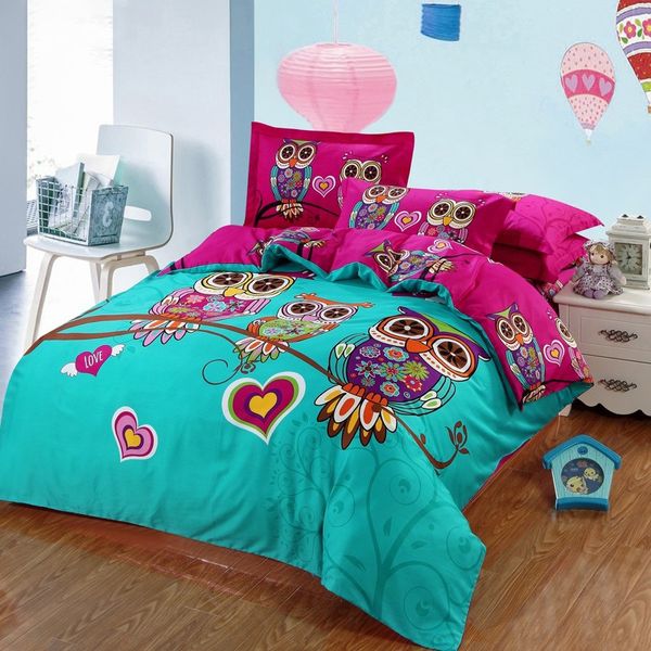 

4 pieces cotton kids owl boys/girls bedding set 3d bed linen with duvet cover/bed sheet/pillowcases king/twin/ size