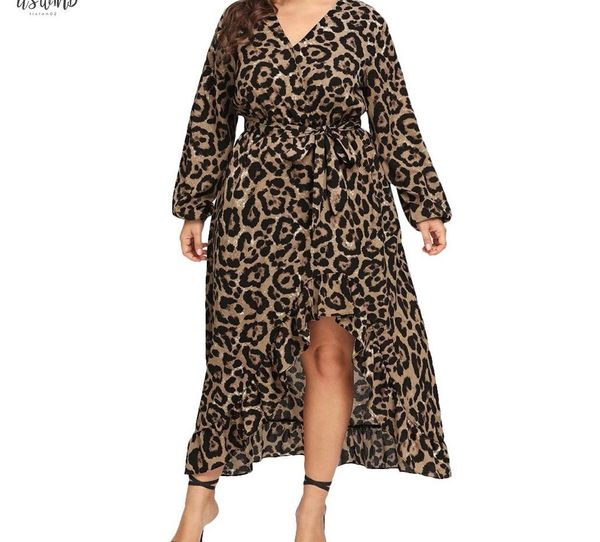

women maxi dresses casual plus size leopard print v neck long sleeve ruffles xl 5xl gown dress womens clothing womens dress, Black;gray