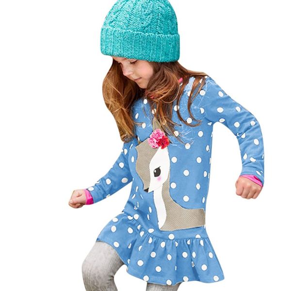 

toddler baby girl kids clothes long sleeve cartoon deer wave point printing shirt dress, White
