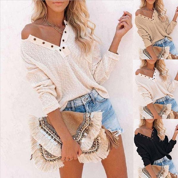 

womens autumn t-shirt v-neck long sleeve tee casual jumper buttons ladies t shirt jumper pullover top, White