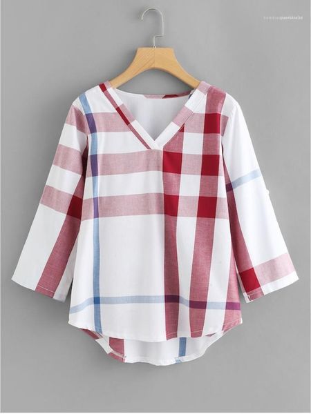 

плед печать женский tshirts 4xl женщины v neck лето дизайнер tees мода длинным рукавом повседневная одежда, White