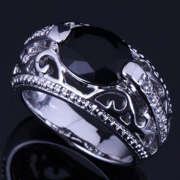 

trendy oval black cubic zirconia white cz silver plated ring v0647, Golden;silver