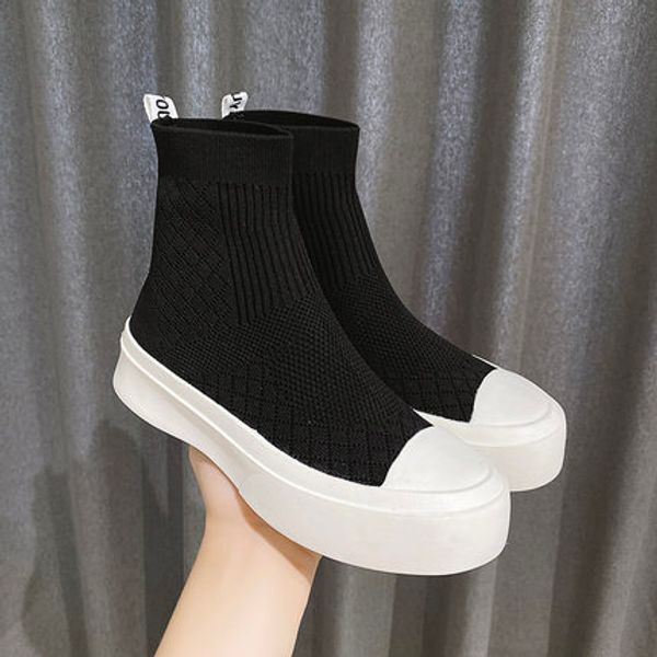

mesh boots women's spring and autumn 2020 thin breathable new fashion thick-soled sponge cake stretch short tube single boots, Black