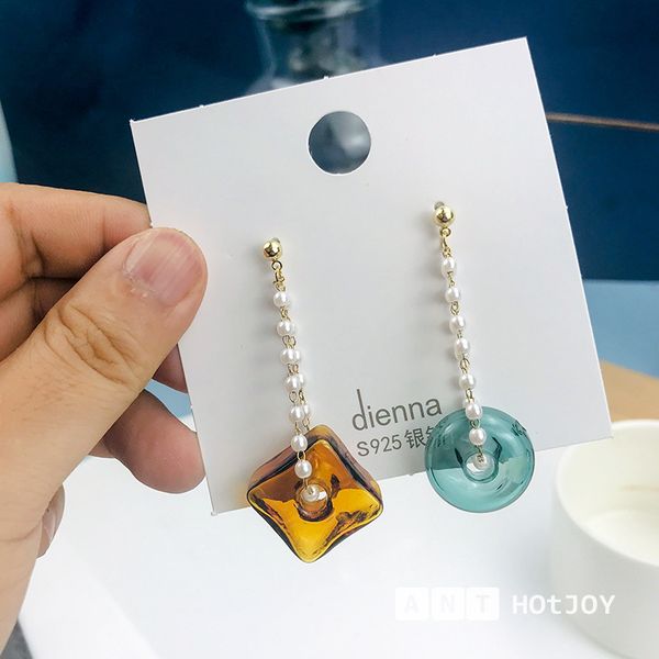 

fashion geometric circle square dangle earring for woman asymmetry glass pearl chain earrings trendy jewelry, Silver