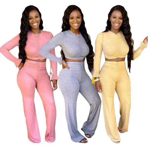 

women's tracksuits autumn 2 piece set women clothes model pleated long sleeves & wide leg trousers active wear outfits womens suit, Gray