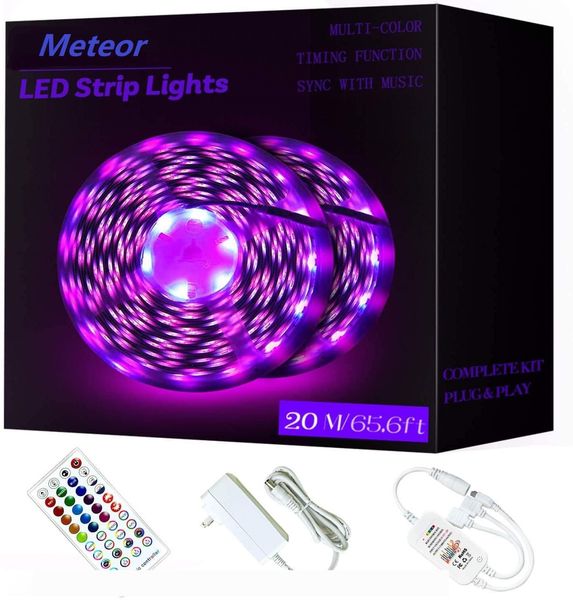 

65.6ft 20m rgb led strip lights ultra-long color changing light strip with remote 600leds bright led lights diy color options tape lights