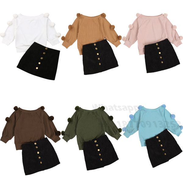 

2pcs toddler kids baby girl autumn winter clothes long sleeve ball sweater +mini skirt outfits children set fit for 0-6 year, White