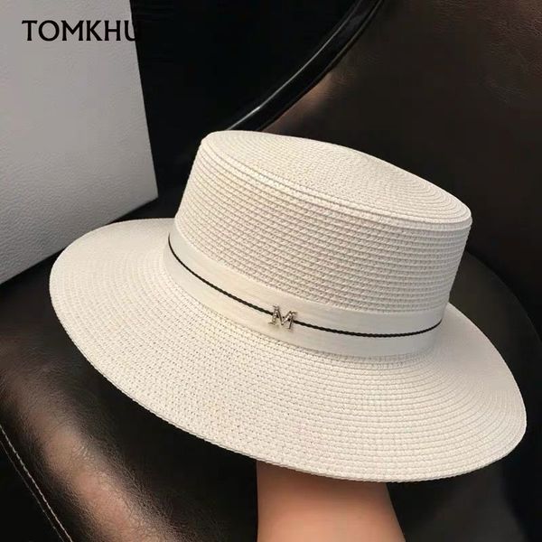 

2020 straw sun hats wide brim beach hat summer hats letter m ribbon sun sunscreen spring women caps ing, Blue;gray