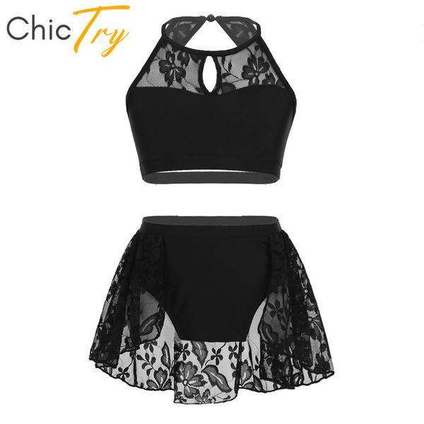 

stage wear chictry kids teens halter lace splice contemporary lyrical dance costumes gymnastics shorts set girls ballet tutu, Black;red