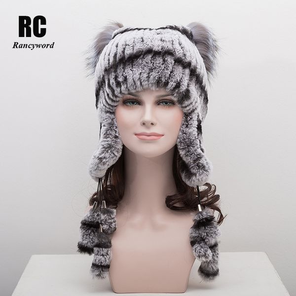 

rancyword] warm winter fur hats for women lovely cat ears beanies skullies female knitted real rex fur hat cap rc1268, Blue;gray