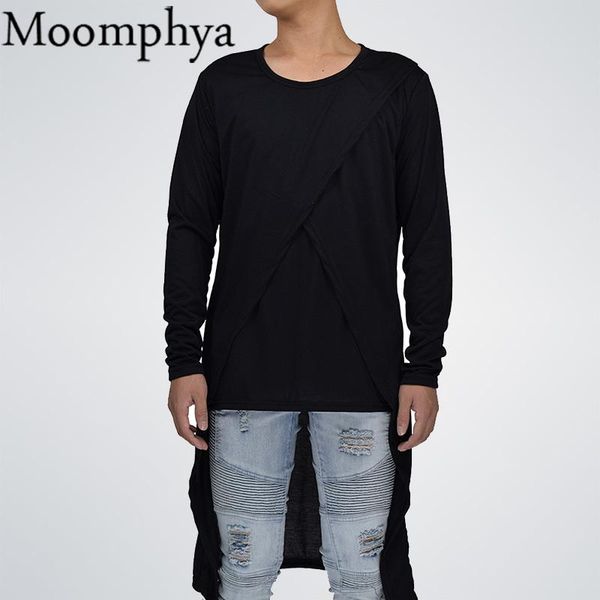 

moomphya men back longline hem t shirt autumn long sleeve hip hop street wear t shirt men cross split masculina funny t shirts t200617, White;black