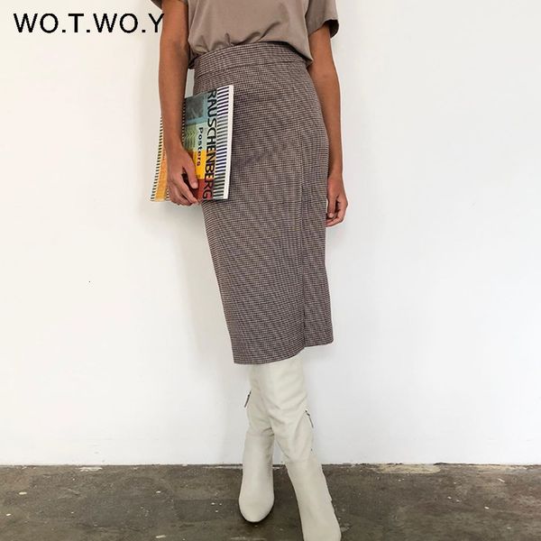 

wotwoy high waist wrapped plaid skirts women split slim midi-long pencil skirts female casual side zippers mujer faldas 2020 new, Black