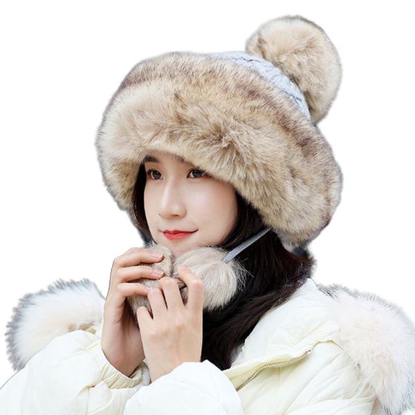 

womens winter braided cable knit earflap hat cute pompom contrast color mongolian russian style snow skiing outdoor trapper cap, Blue;gray