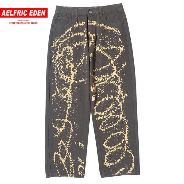 

aelfric eden spray painting line jeans harajuku hip hop trousers vintage casual fashion streetwear joggers mens straight pants, Blue