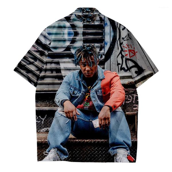 

shirt 3d pattern printed turndown collar single breasted small pocket plus size male clothing juice wrld rapper summer mens designer, White;black