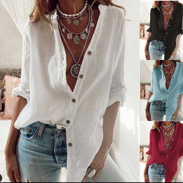 

women's blouses & shirts autumn roll sleeves blouse solid feminina elegant office lady v-neck button shirt women cotton linen at0024, White
