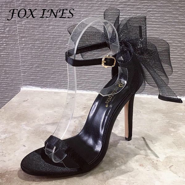

woman sandals 2020 thin high heels summer bow shoe peep open toe buckle strap pu leather ladies pumps stiletto party shoes, Black