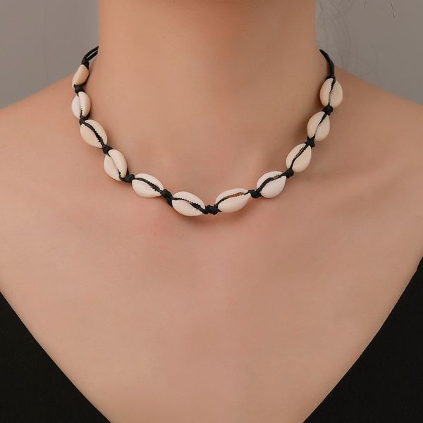 

chokers european and american black knotted necklace beach wind natural shell female hand-woven jewelry, Golden;silver