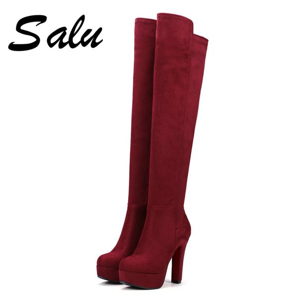 

salu 2020 women over the knee boots round zipper square high heel black elegant women motorcycle boots size 33-43