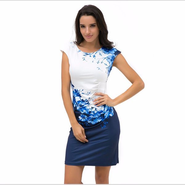 

fashion chinese style blue white porcelain printed party dress 2020 summer women bodycon office dress o collar slim short dress, Black;gray
